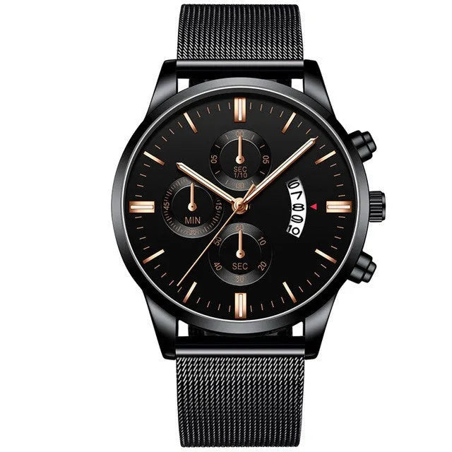 Men's stainless steel mesh band quartz watch with analog display on wrist