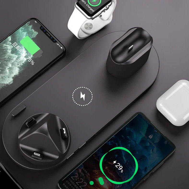 WS5 six-device wireless charger showing compact 23cm design with multiple phone charging positions