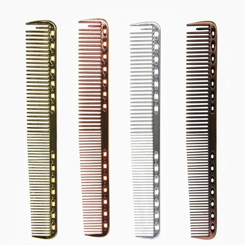 Space aluminium haircut comb in long and short styles made from lightweight aerospace-grade aluminium alloy with anti-static properties for salon and home use