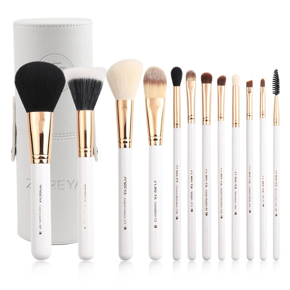 12 synthetic makeup brushes with aluminium handles and wooden accents in cosmetic case