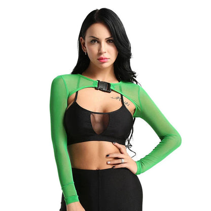 Women's mesh crop top with button front in green and black