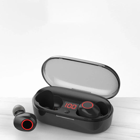 J29Tws Bluetooth headset in red, blue, black, and white with charging case