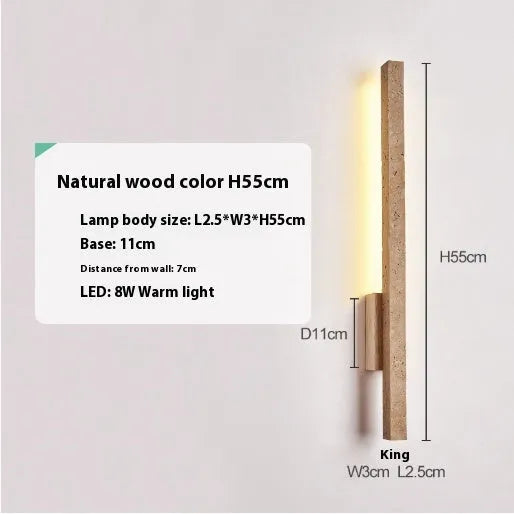 Minimalist strip wall lamp with warm light, cave stone base, black wood colour finish, 55cm length