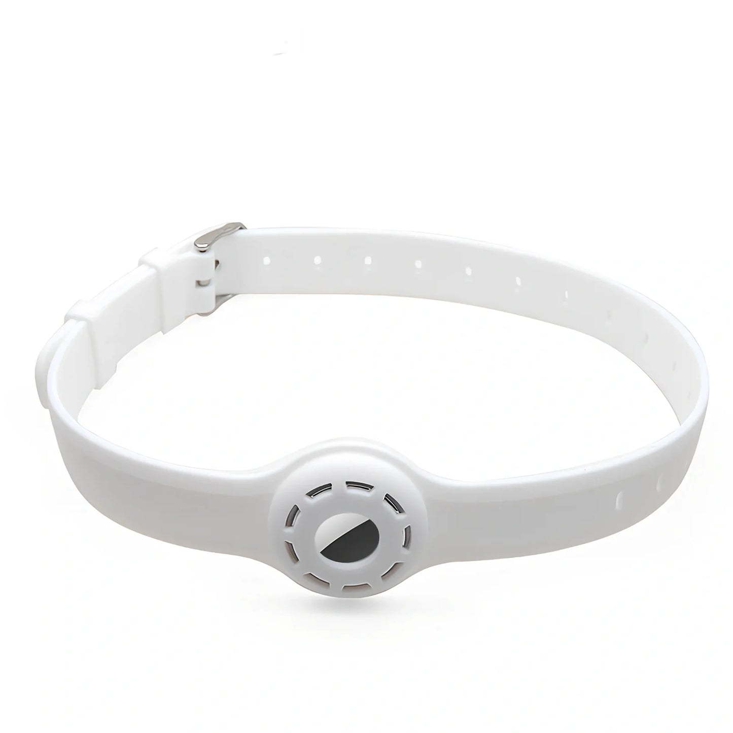 Red silicone AirTag tracker collar wrapped on pet neck, adjustable armband in solid colour for anti-lost security