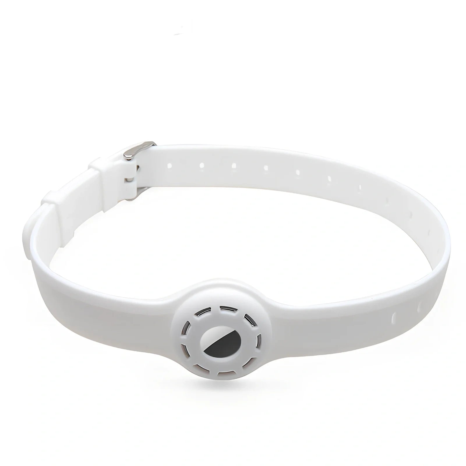 Red silicone AirTag tracker collar wrapped on pet neck, adjustable armband in solid colour for anti-lost security