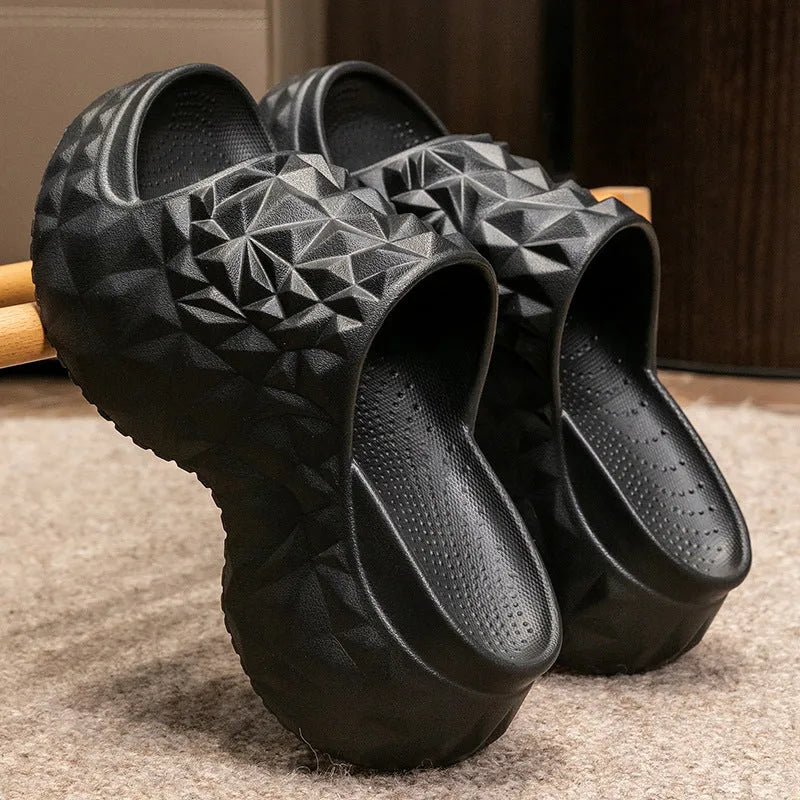 EVA foam flip flop slippers with a thick sole in black, khaki, or white colour.