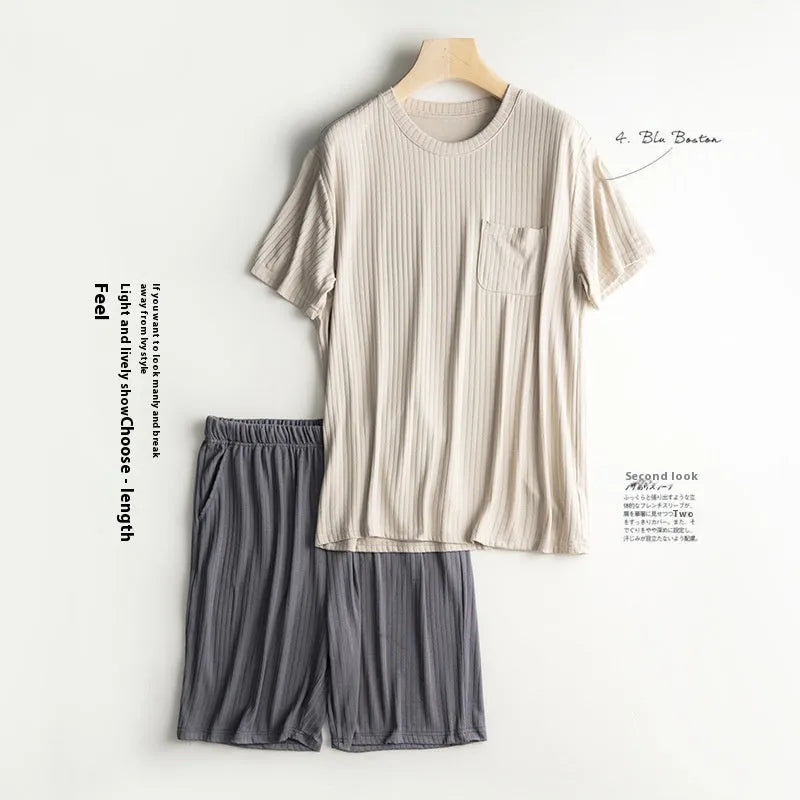Men's thin summer T-shirt and shorts suit in oatmeal colour with deep gray shorts, polyester fabric, quarter sleeves, size L to XXXL