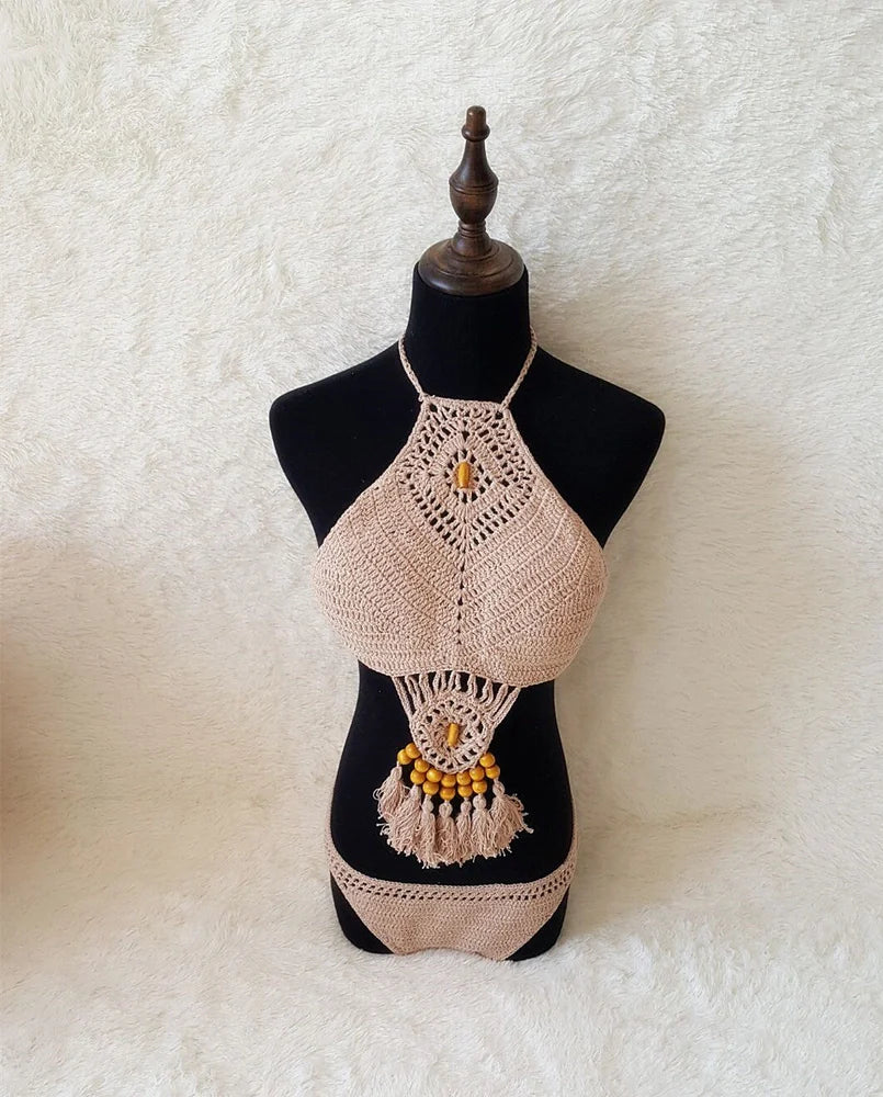 Crochet tassel bikini set with adjustable ties in black, khaki, and white colours showing front and back views