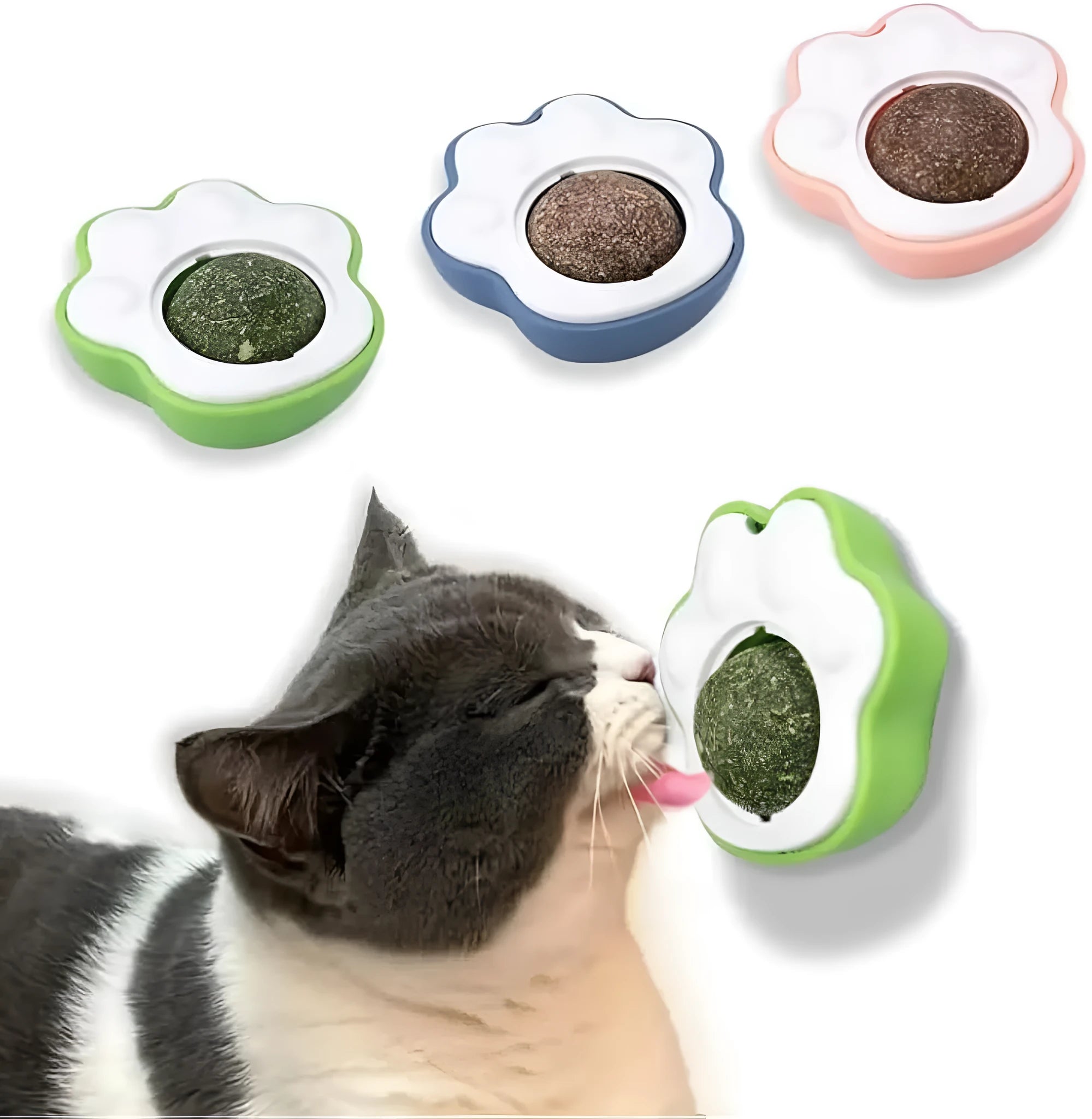 Colourful catnip balls with textured edible vine surfaces for feline dental care and interactive play
