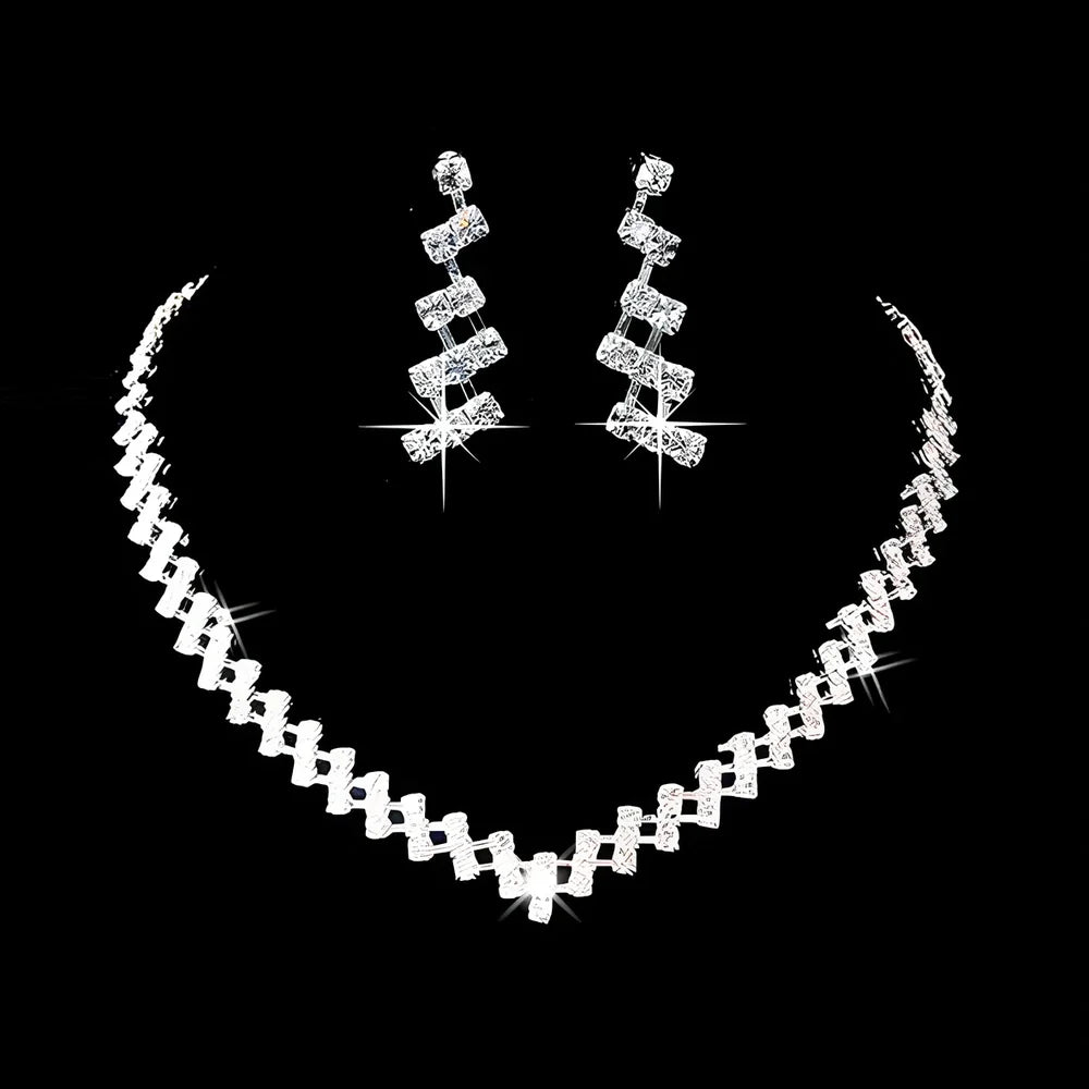 Bridal rhinestone chain necklace and matching drop earrings set for women's wedding accessories
