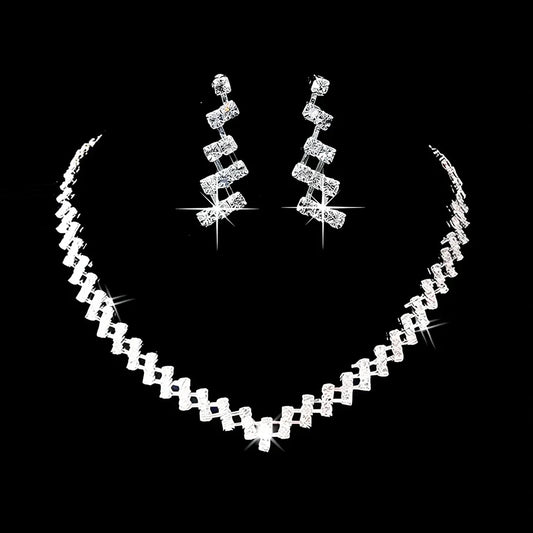 Bridal rhinestone chain necklace and matching drop earrings set for women's wedding accessories