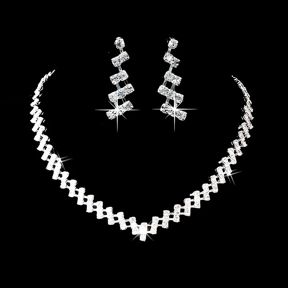 Bridal rhinestone chain necklace and matching drop earrings set for women's wedding accessories