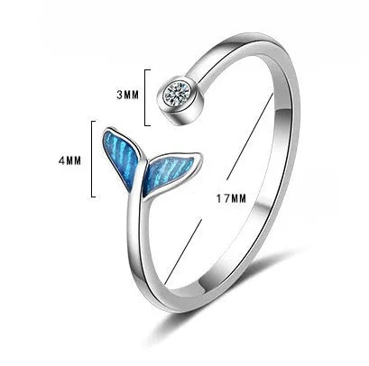 Blue mermaid tail cuff ring with cubic zirconia and epoxy accents, adjustable 17mm, white gold finish