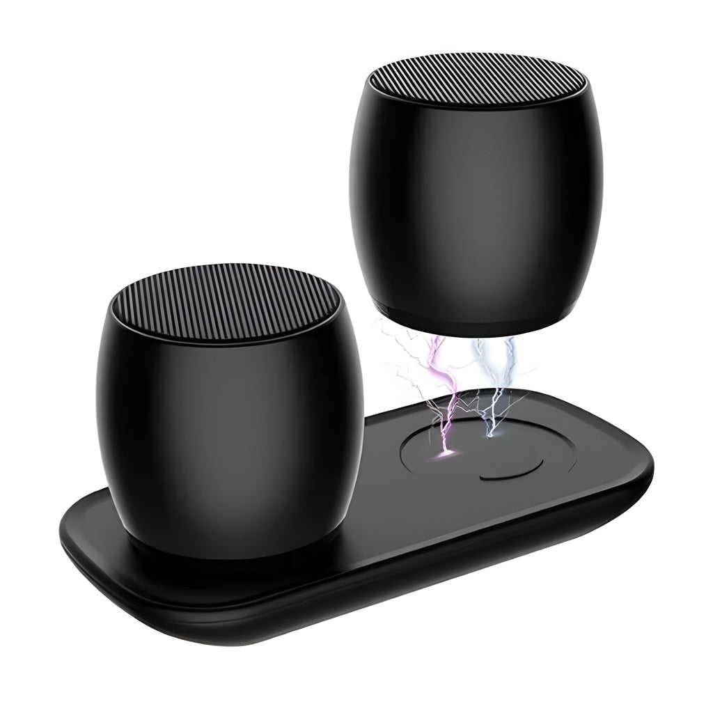 Creative Bluetooth speaker set 1 pair gold colour with magnetic charging base on desk
