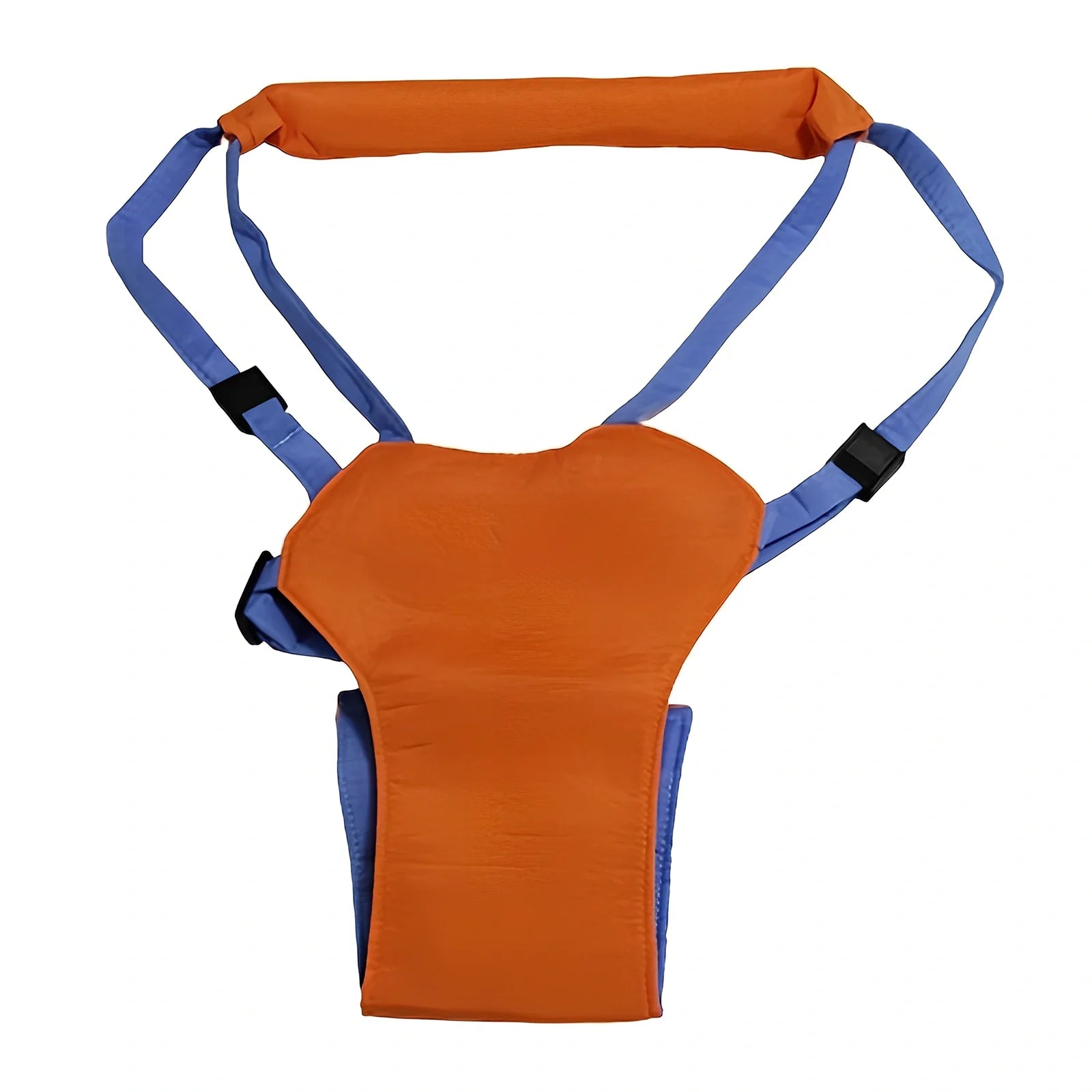 Orange and blue baby walking harness with adjustable strap and plastic safety locks for infants learning to walk