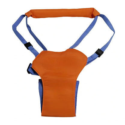 Orange and blue baby walking harness with adjustable strap and plastic safety locks for infants learning to walk