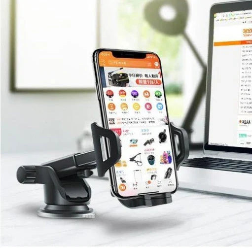 Adjustable car phone holder with suction cup mount, suitable for various smartphone sizes