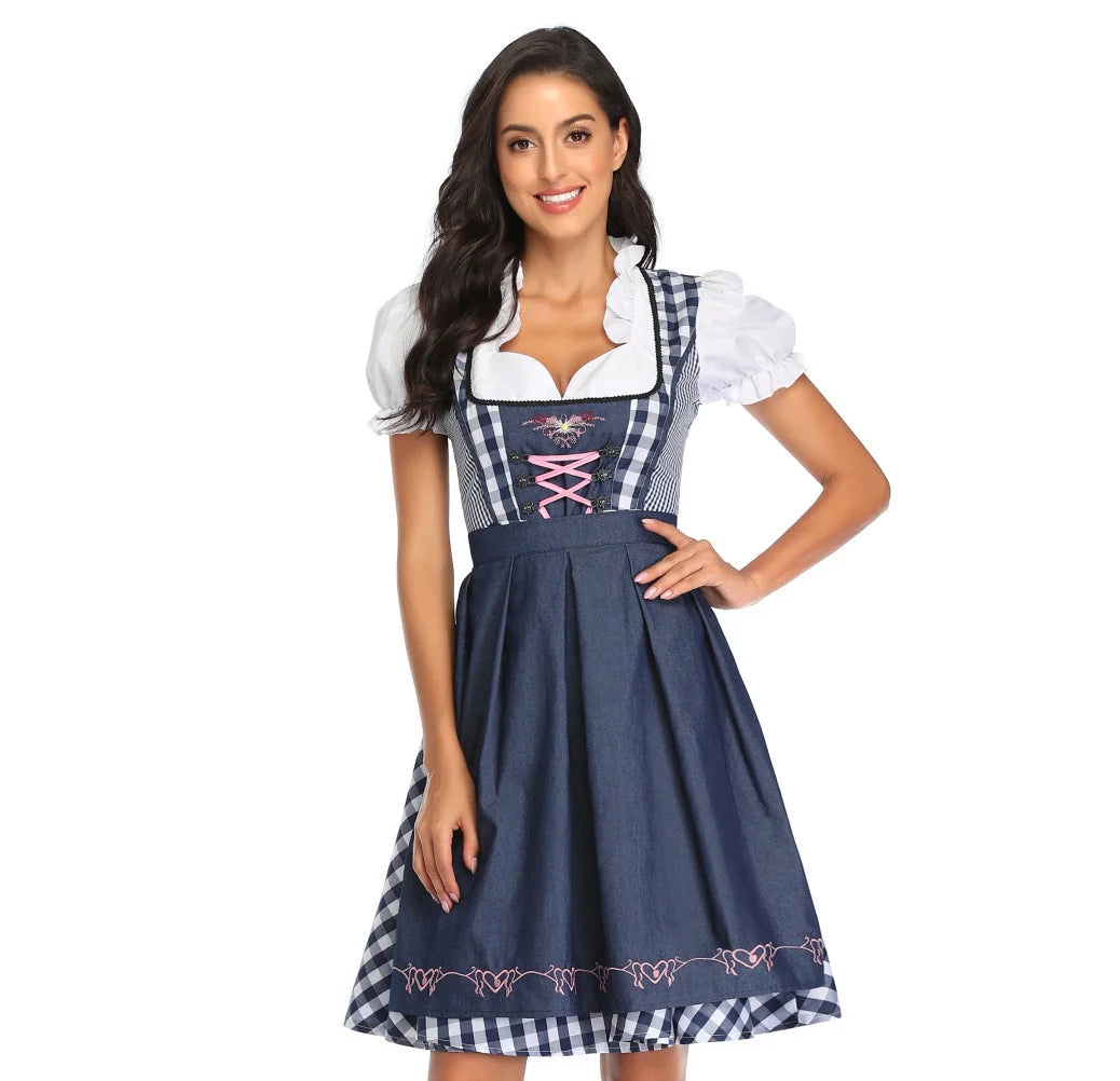 Women's Oktoberfest ethnic dress in red denim with apron and ribbon, sizes S to XXL