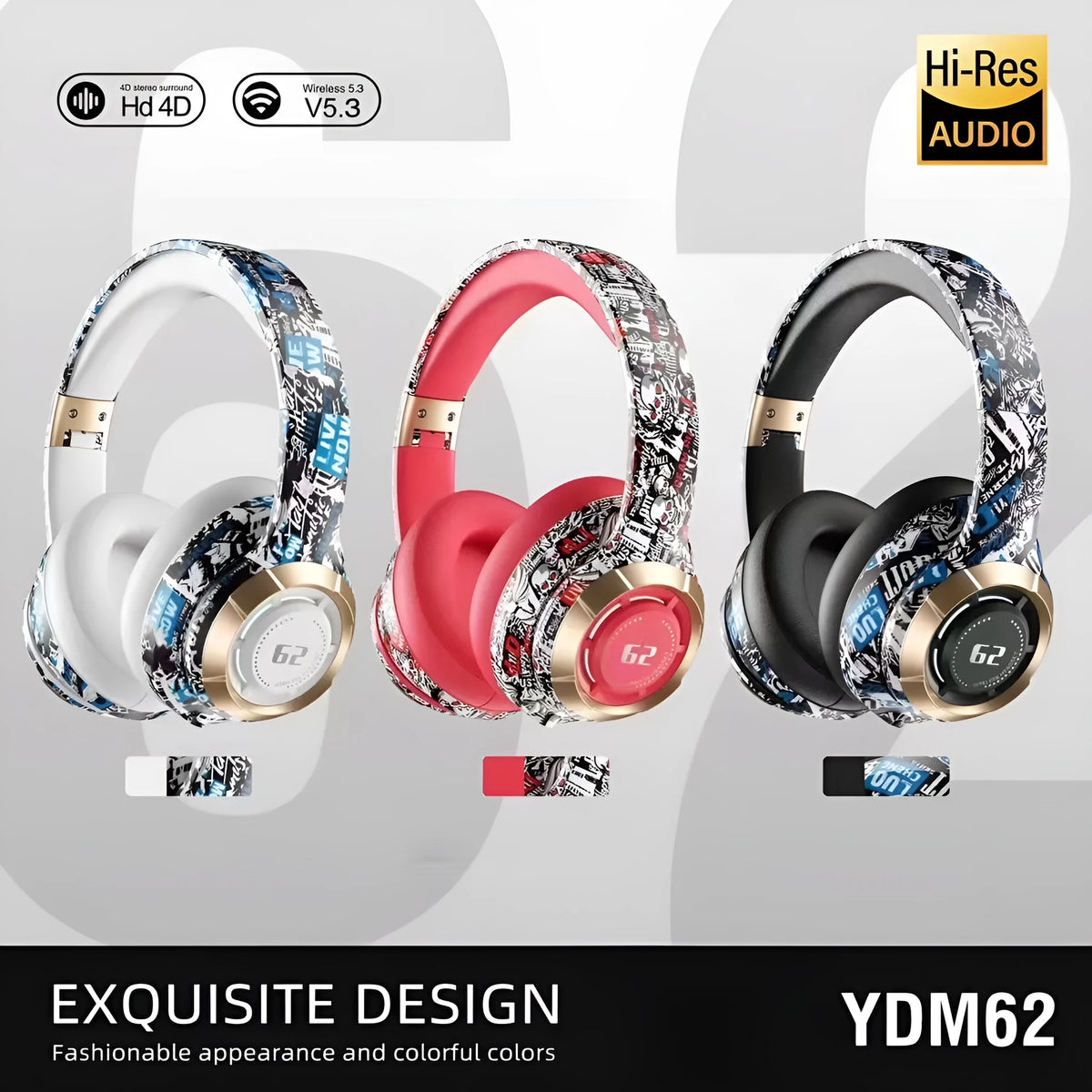 Bluetooth headphone head-mounted skull graffiti design in black with over-ear fit and ABS build