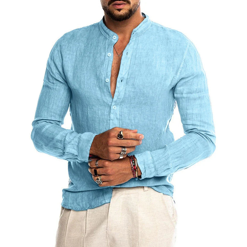 Versatile linen-blend dress shirt for men in a range of classic colors, including white, black, navy, and khaki