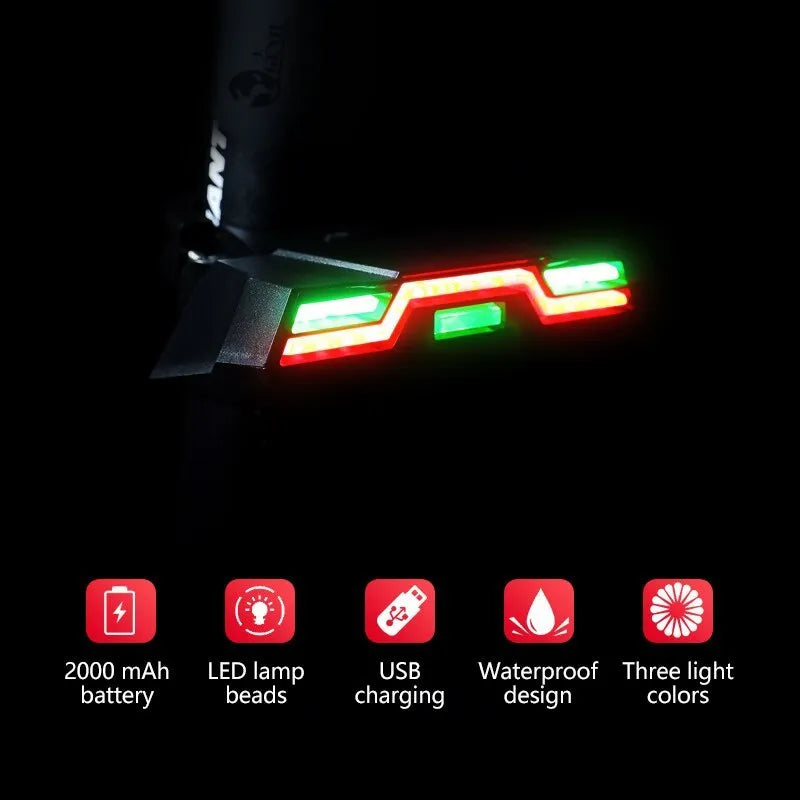 Waterproof USB rechargeable bicycle tail light with 2000mAh lithium battery and three colour options