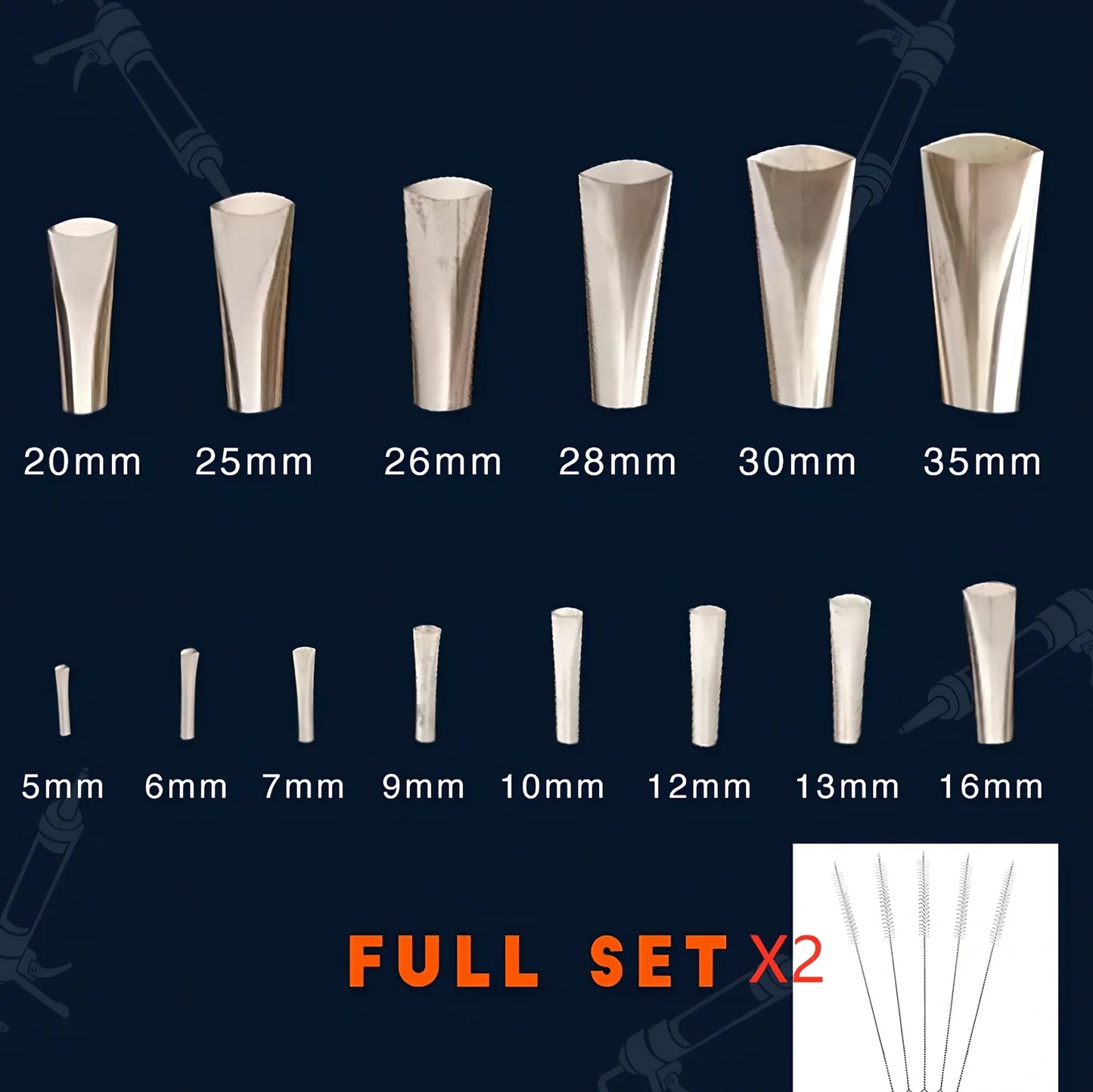 Stainless steel caulking nozzle applicator tool with 14 nozzles sized 5mm to 35mm for precise gap sealing