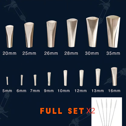 Stainless steel caulking nozzle applicator tool with 14 nozzles sized 5mm to 35mm for precise gap sealing
