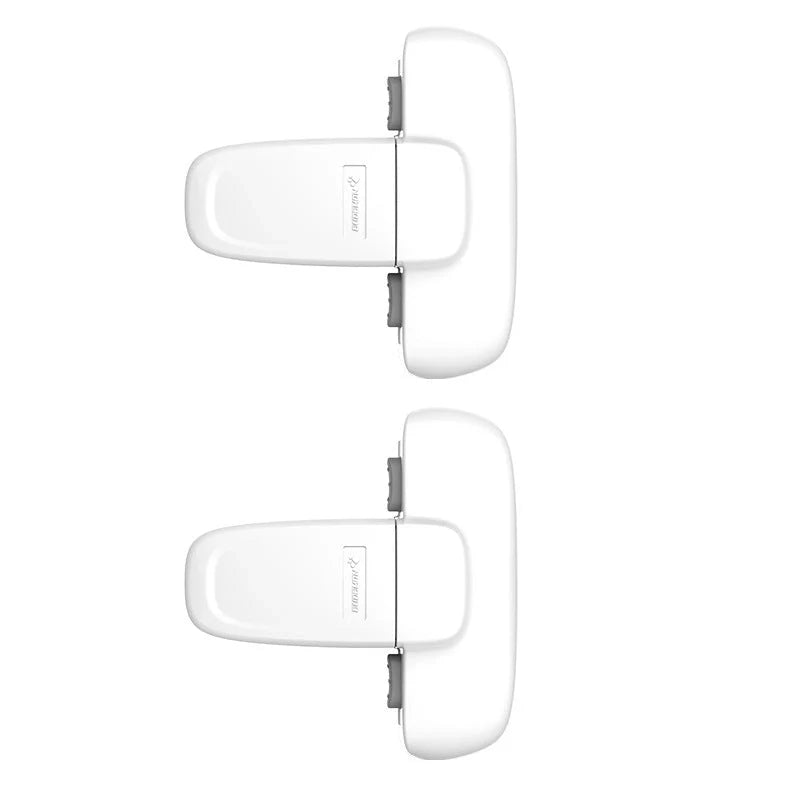 Child safety refrigerator lock in white and grey, featuring a T-type double button mechanism