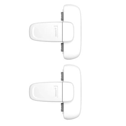 Child safety refrigerator lock in white and grey, featuring a T-type double button mechanism