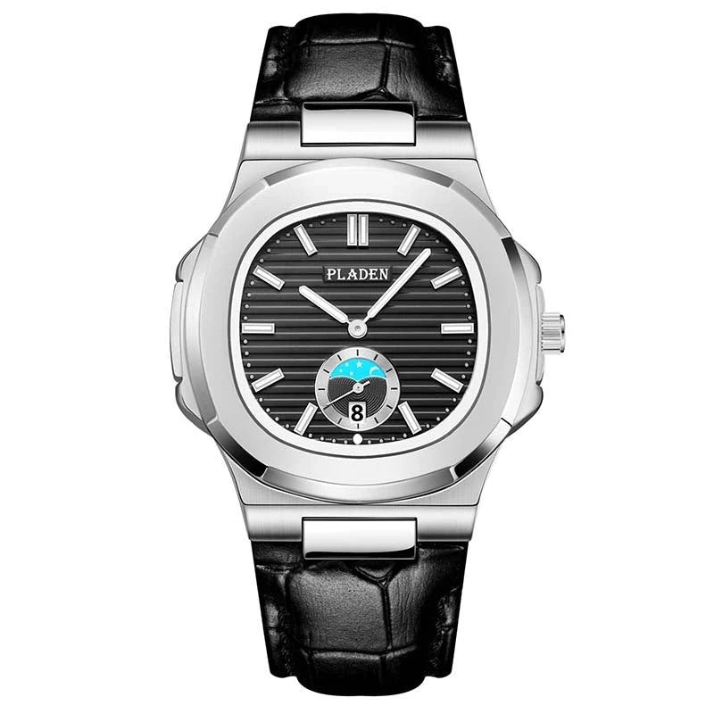 Men's waterproof quartz watch with stainless steel strap and luminous display