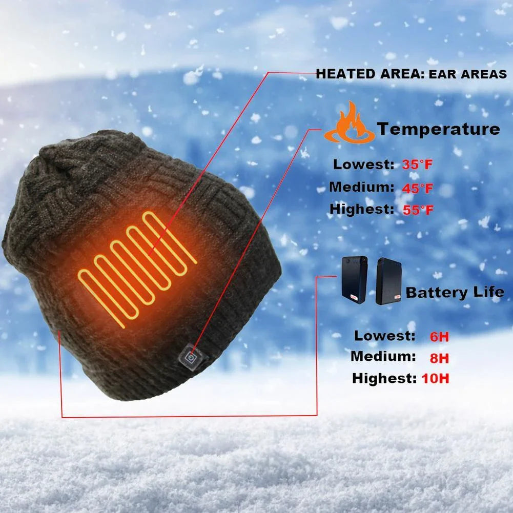Cozy electric fleece hat with adjustable heating for outdoor activities like hiking, fishing, and climbing
