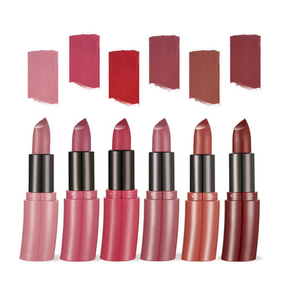 Six curved matte lipsticks in velvet texture with 3.5g content each in compact case