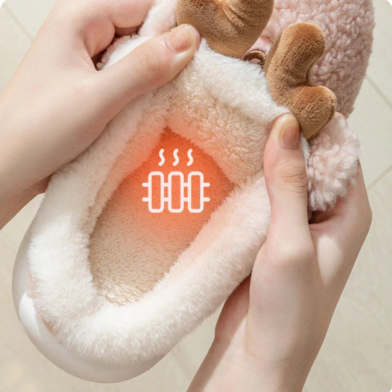 Cozy festive elk-themed slippers in red and green colors, featuring plush, soft materials for comfortable indoor wear