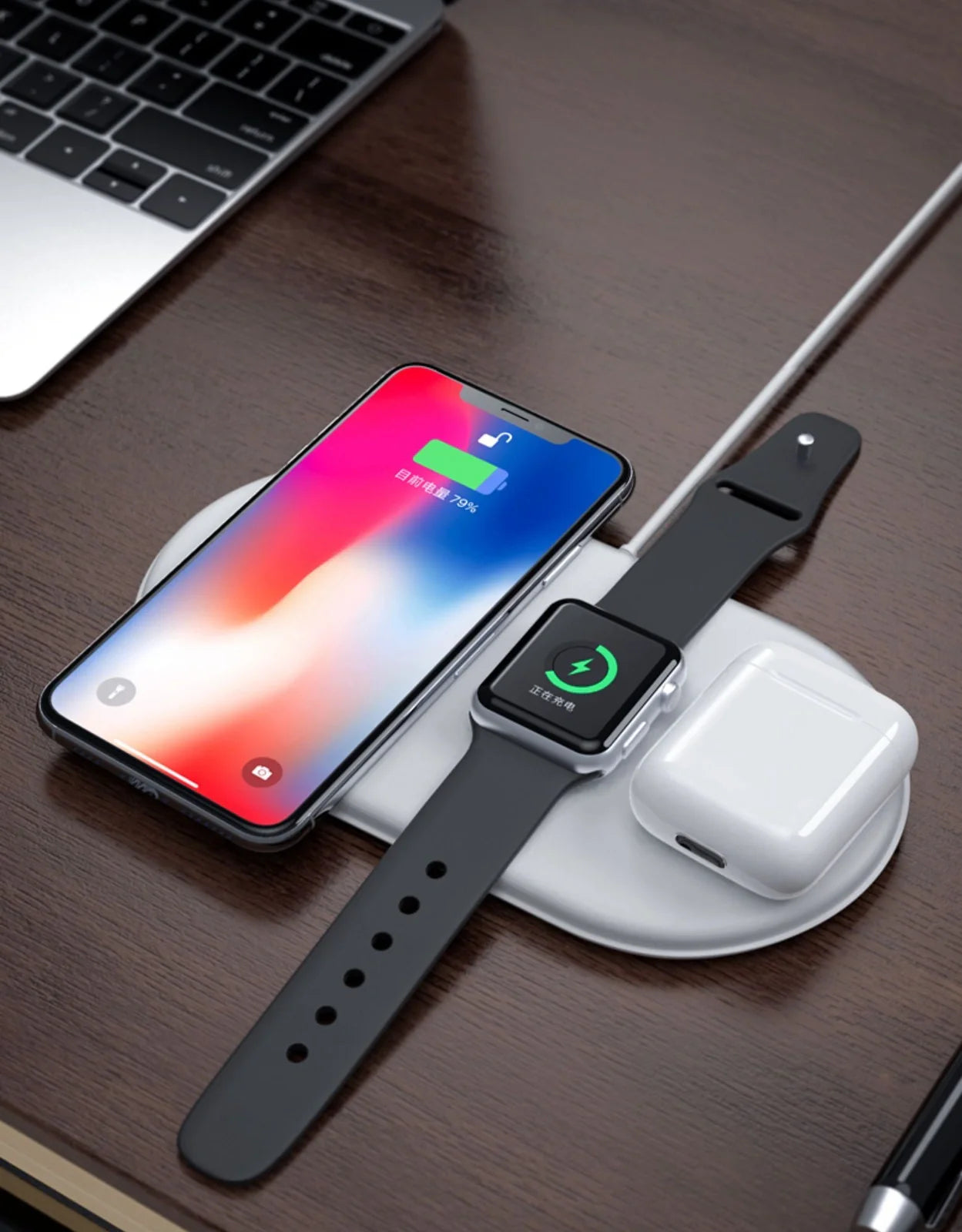 White 3-in-1 wireless charger station with Micro USB port and charging indicator