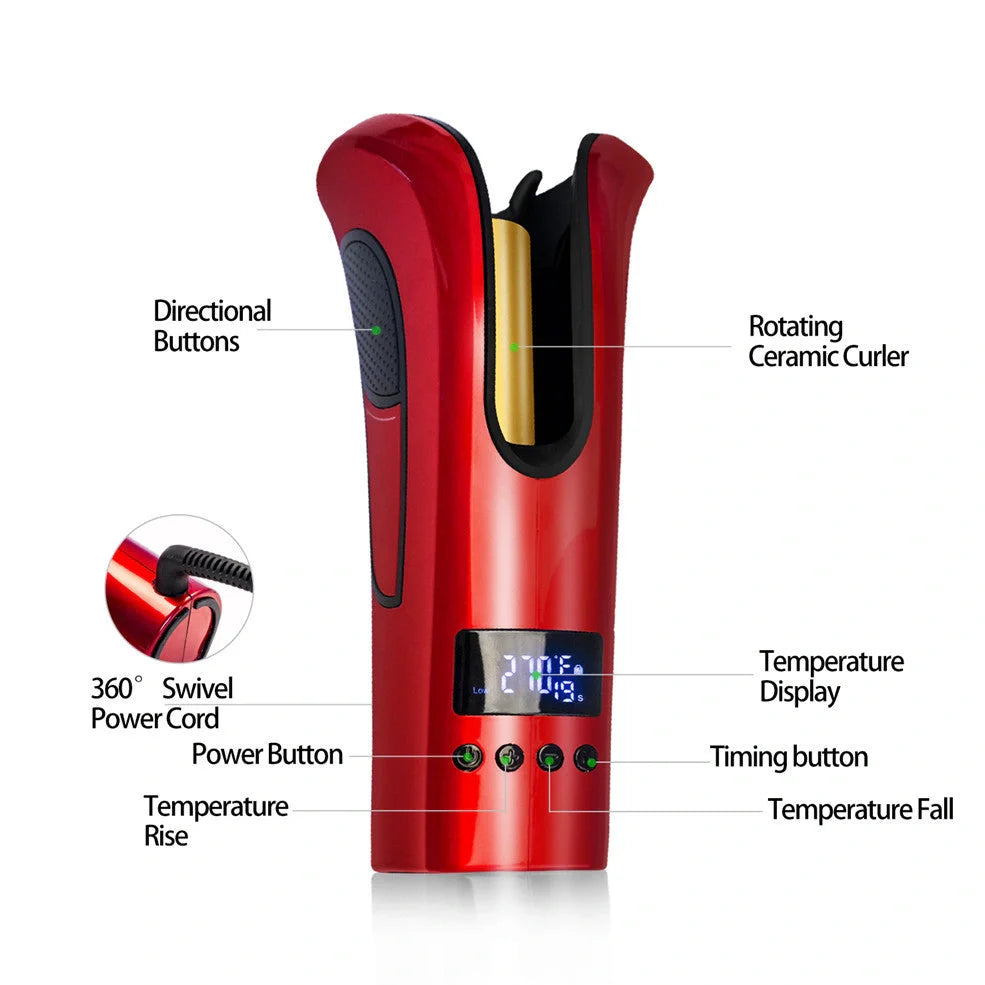 Automatic curling iron with gold ceramic barrel and LCD temperature display in black or red