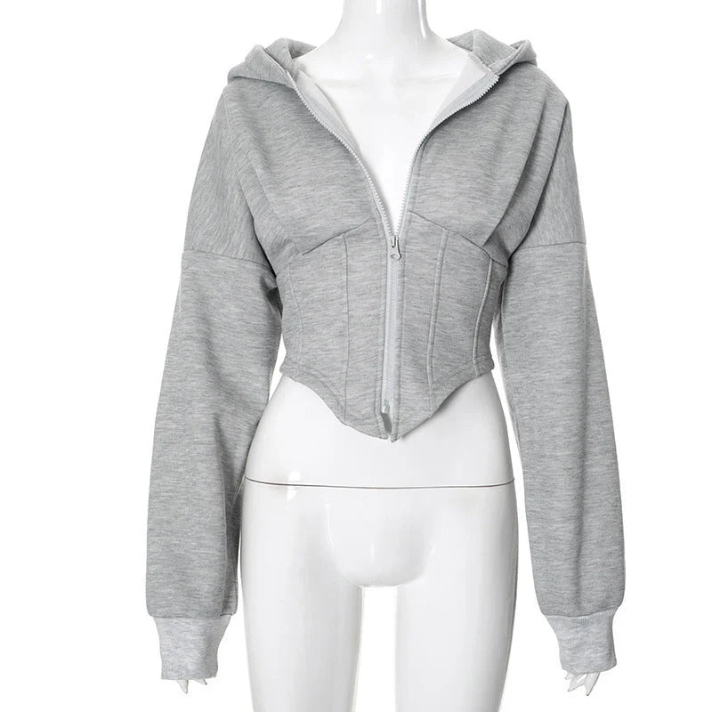 Y2K inspired women's zipper hoodie cardigan in grey and white with long sleeves
