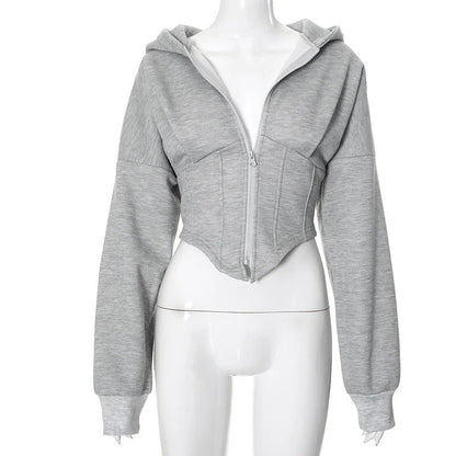 Y2K inspired women's zipper hoodie cardigan in grey and white with long sleeves