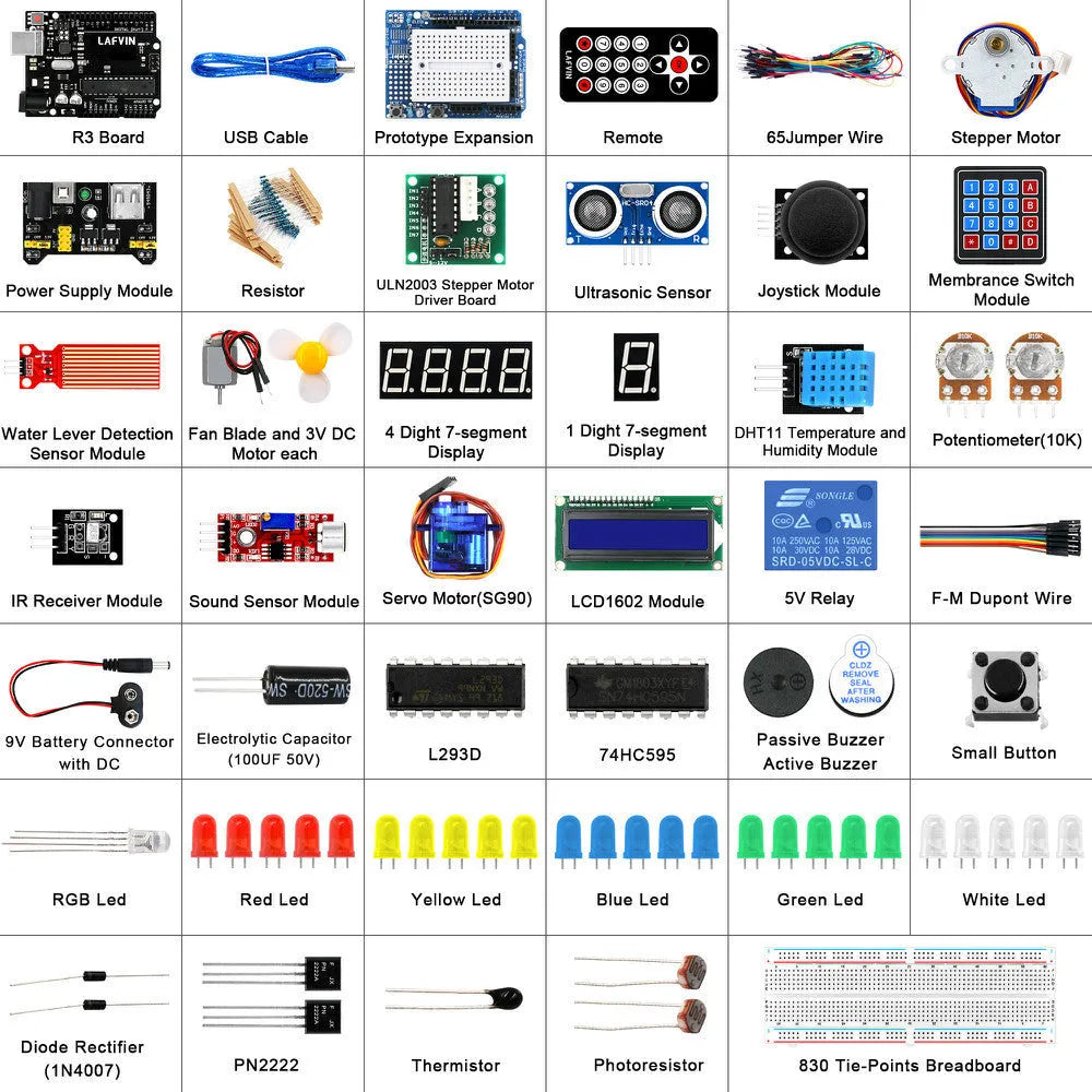 LAFVIN Arduino Super Starter Kit showing blue UNO R3 board, breadboard, sensors, motors, LEDs, and components laid out.