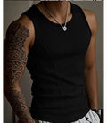 Men's black fitted polyester tank top vest with I-shaped design for summer sports