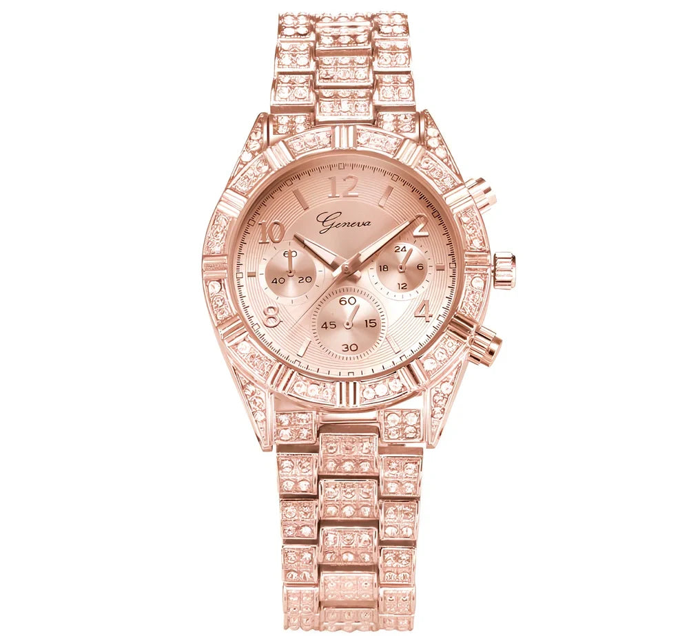 Women's gold crystal quartz analog watch with 38mm stainless steel dial and 22cm band