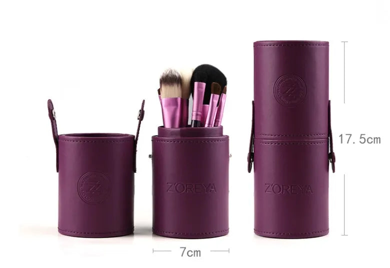 7 piece makeup brush set with synthetic and goat hair bristles and wood handles in green purple and red