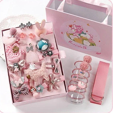 24-piece children's hair clip set with cartoon animal designs including blue fox and pink elephant