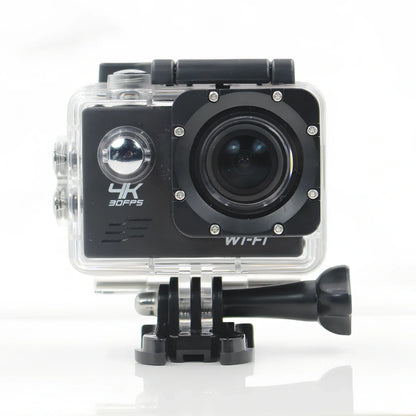 Black 4K HD motion camera with 2.0-inch display and 170-degree lens, dimensions 29.8x59.2x41mm for action sports