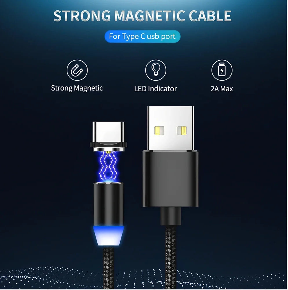 YBD 1m black magnetic LED charging cable with three-in-one plugs for iPhone and Android, showing N52 magnet connection
