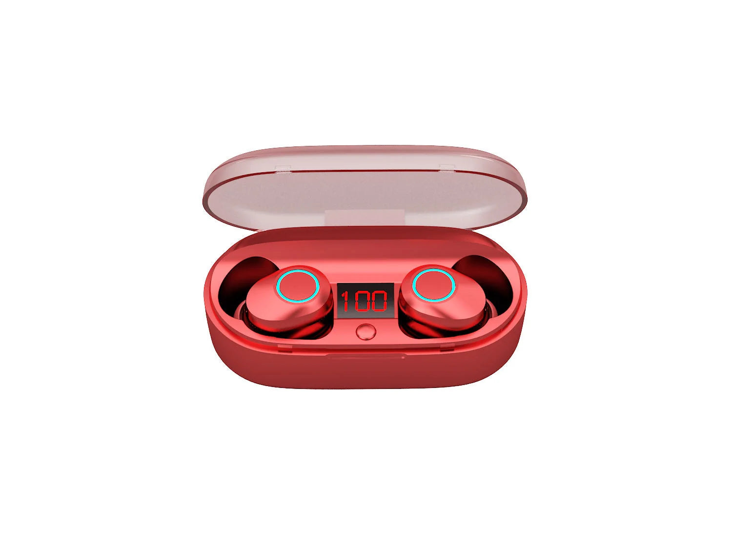 J29Tws Bluetooth headset in red, blue, black, and white with charging case