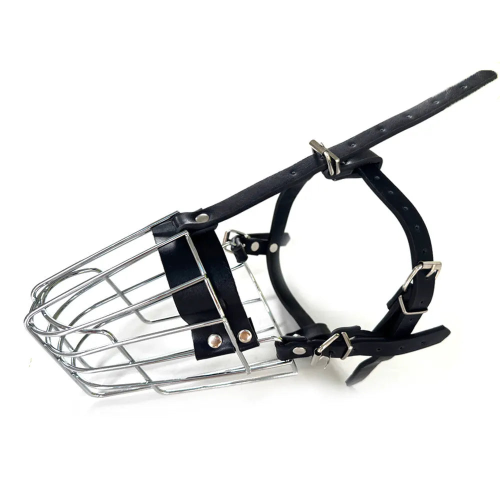 Black metal wire dog muzzle designed for a golden retriever or German shepherd.