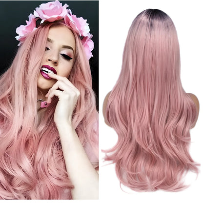 Women long curly blonde ombre wig with black roots, 61cm length, synthetic heat-resistant fibre for cosplay