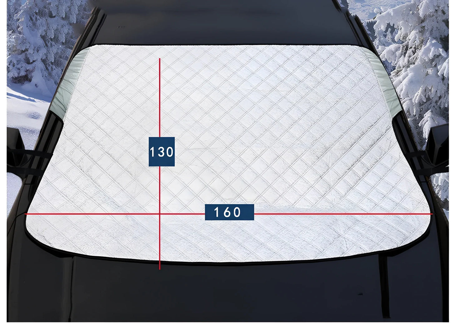 Silver magnetic windshield cover showing aluminium foil coating and edge magnets for vehicle protection