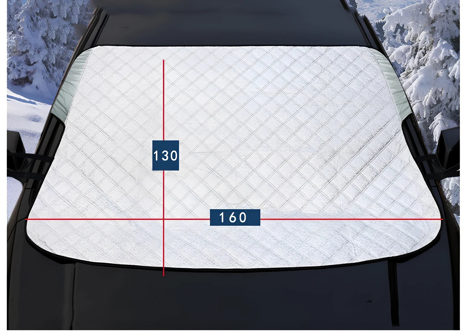 Silver magnetic windshield cover showing aluminium foil coating and edge magnets for vehicle protection
