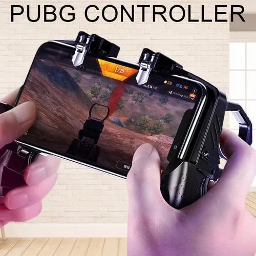 Black multi-function gamepad holding a smartphone, showing trigger buttons and metal rods.